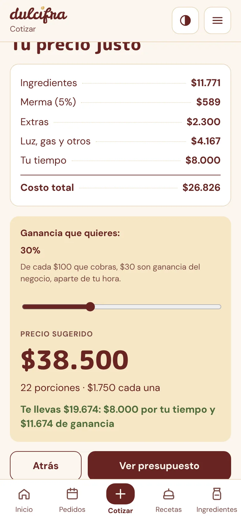 Pantalla de Dulcifra: una torta de 24 cm con ingredientes $11.771, merma, extras, luz y gas, tu tiempo $8.000, costo total $26.826 y precio sugerido $38.500