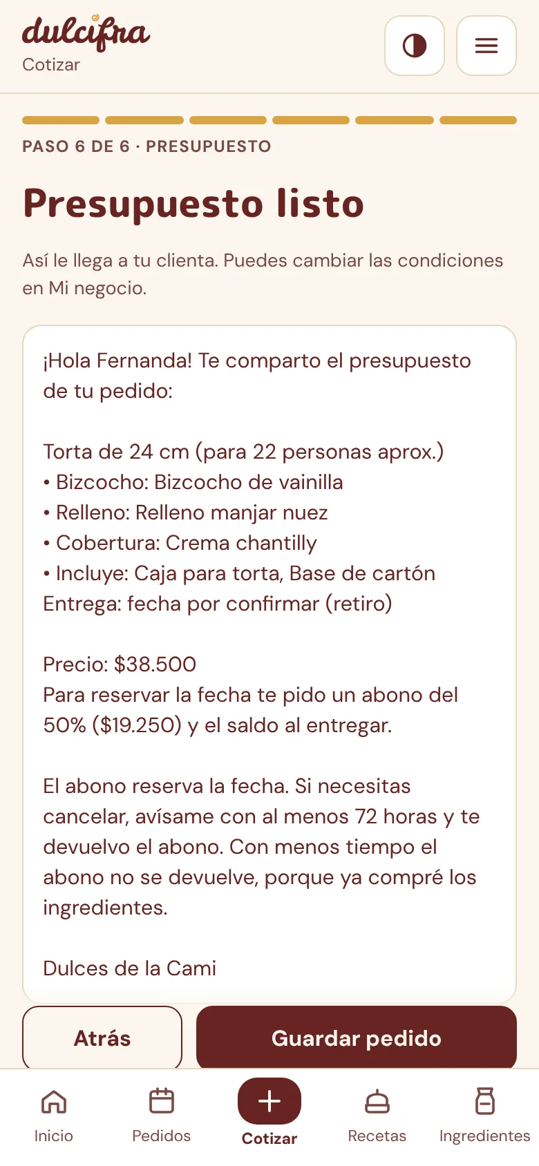 Presupuesto para WhatsApp: torta de 24 cm para 22 personas, precio $38.500 y abono del 50%