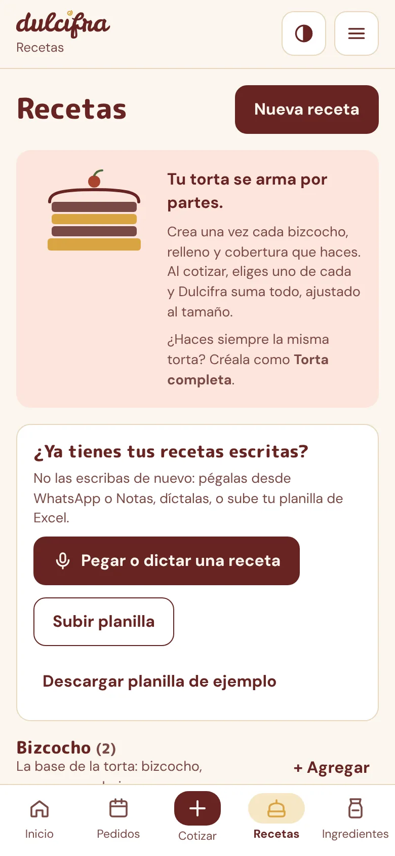 Pantalla de recetas de Dulcifra con la opción de pegar o dictar una receta o subir una planilla
